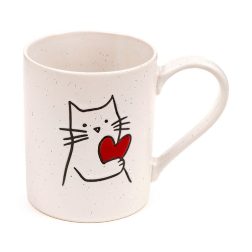 Cat with Heart stoneware mug with cute cat holding a red heart on speckled ceramic