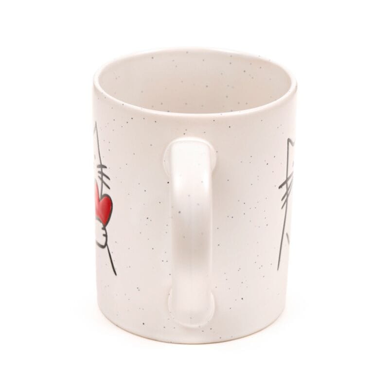 Rear view of speckled Cat with Heart stoneware mug
