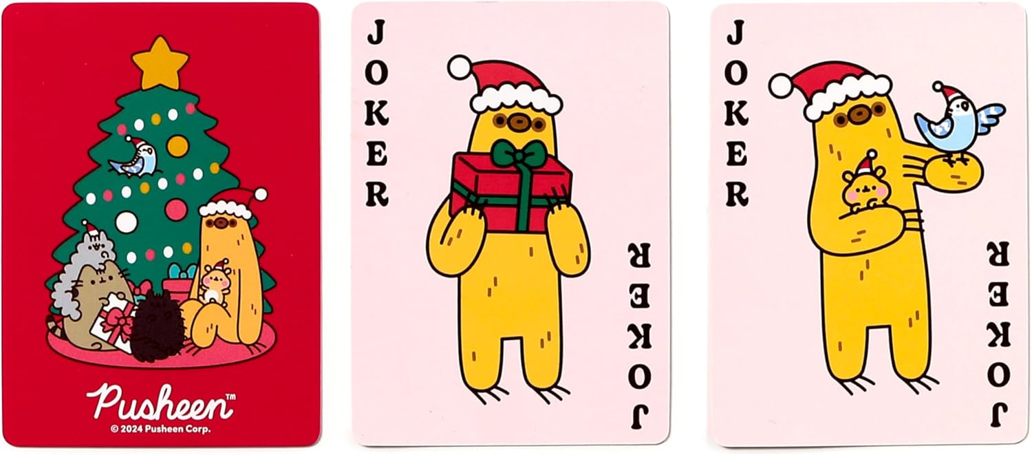 Christmas Pusheen card back design with festive Joker cards