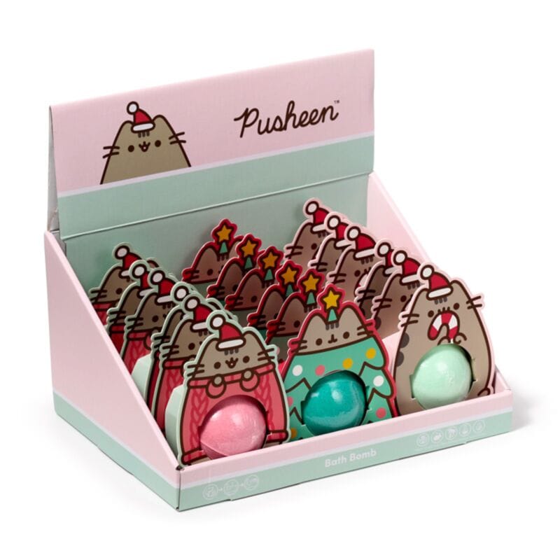 Christmas Pusheen the Cat bath bomb gift box display with festive fragrances
