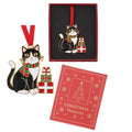 Christmas Treasures black and white cat metal hanging decoration with red ribbon, festive gift box and colourful presents