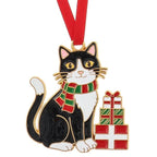 Black and white cat Christmas tree hanging decoration with red ribbon, festive scarf and colourful gift parcels