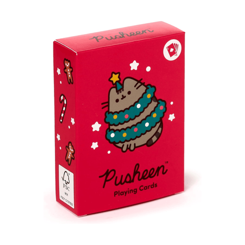 A red box of Pusheen Playing Cards featuring the Pusheen character wrapped in a decorated teal and multicolor Christmas tree, with white stars and holiday illustrations on a white background.