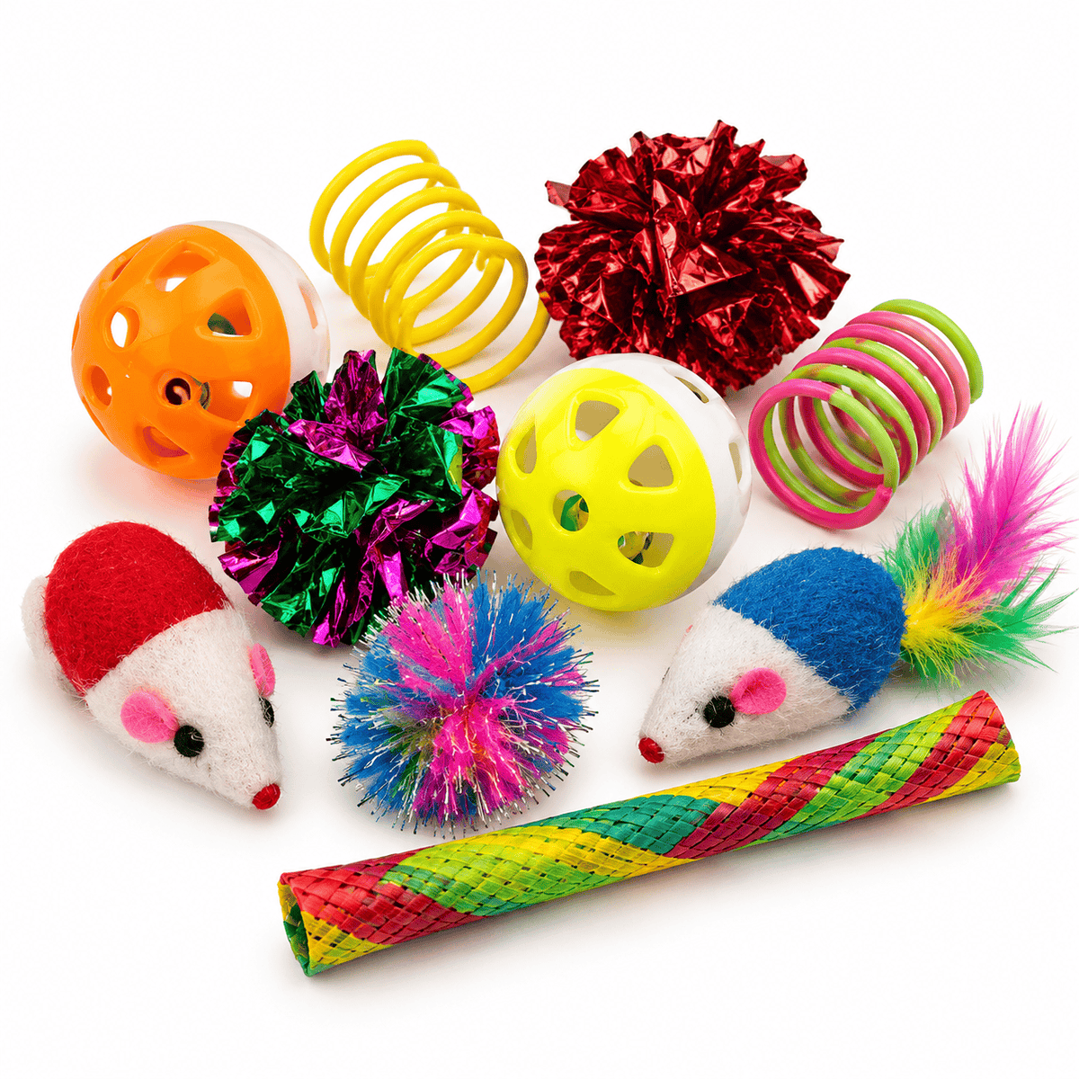 Colourful assortment of cat toys including play springs, jingle balls, toy mice, crinkle balls, pom pom and woven play tube on a white background.