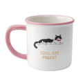 Cool Cat Parent ceramic mug featuring lounging black and white tuxedo cat, gold lettering and pretty pink handle, gift boxed cat lover present.