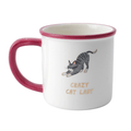 Crazy Cat Lady ceramic mug featuring stretching grey tabby cat, gold lettering and raspberry-pink handle and rim, 300ml cat lover gift.