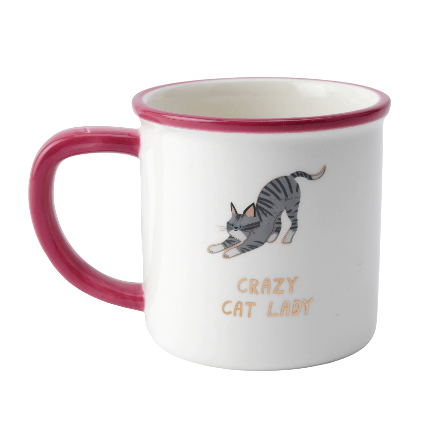 Crazy Cat Lady ceramic mug featuring stretching grey tabby cat, gold lettering and raspberry-pink handle and rim, 300ml cat lover gift.