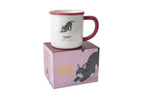 Crazy Cat Lady grey tabby ceramic mug displayed on its matching pink presentation gift box featuring stretching tabby cat artwork.