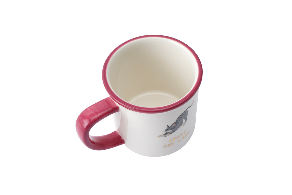 Overhead view of Crazy Cat Lady ceramic mug showing white interior, raspberry-pink rim and matching pink handle.