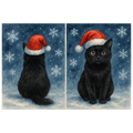 Double sided Black Cat Christmas Card showing front and rear views of a black cat with golden eyes wearing a red Santa hat in the snow