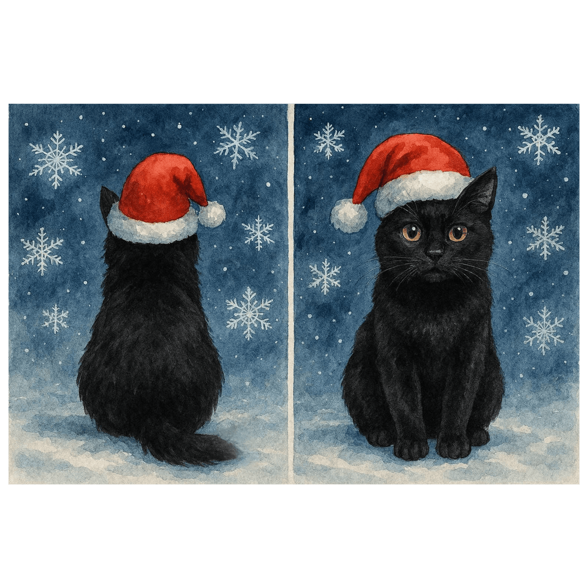 Double sided Black Cat Christmas Card showing front and rear views of a black cat with golden eyes wearing a red Santa hat in the snow
