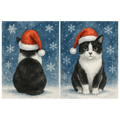 Double sided black and white Tuxedo Cat Christmas Card showing front and rear views of a tuxedo cat wearing a red Santa hat in the snow