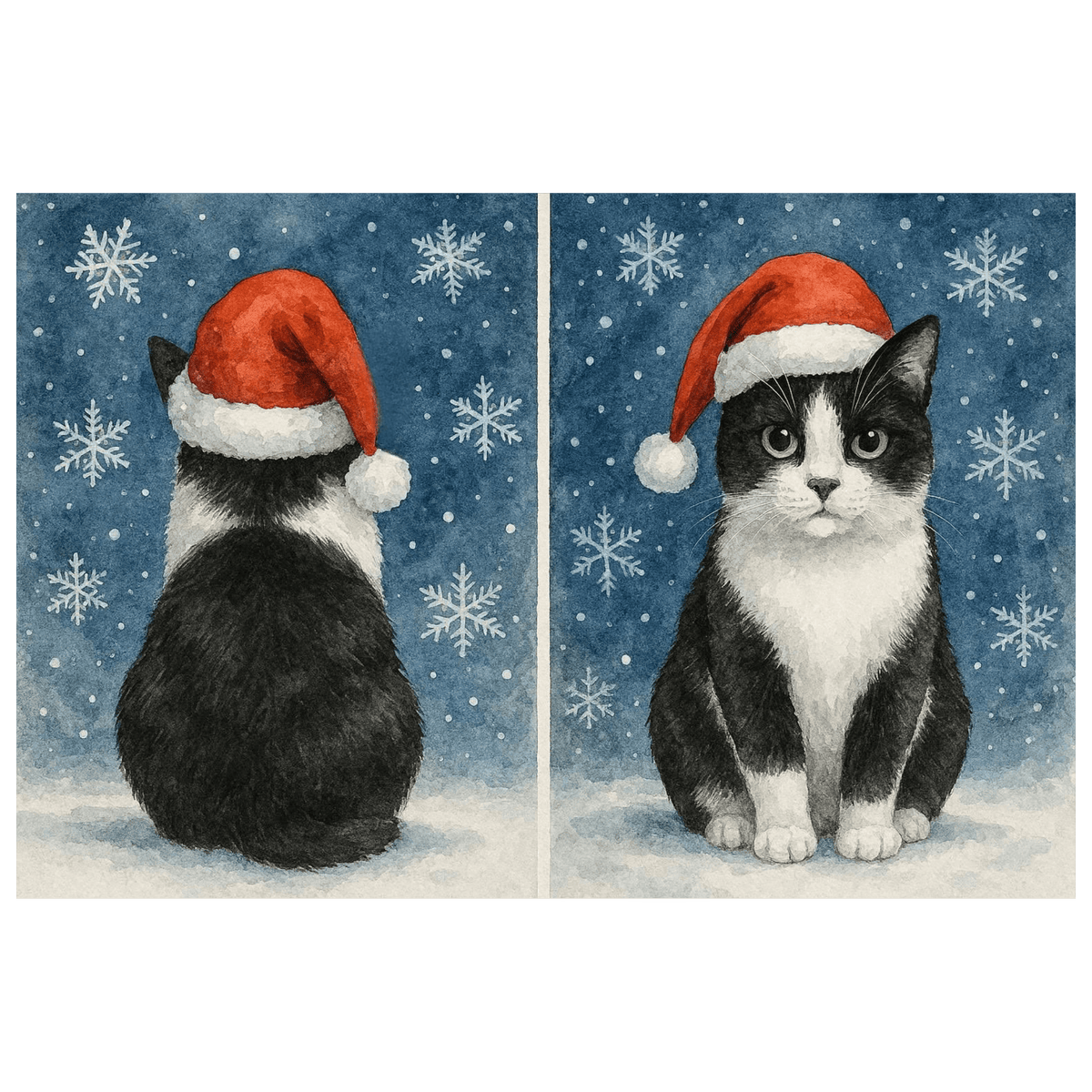 Double sided black and white Tuxedo Cat Christmas Card showing front and rear views of a tuxedo cat wearing a red Santa hat in the snow