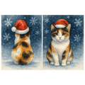 Double sided Calico Cat Christmas Card showing front and rear views of a black, ginger and white calico cat wearing a red Santa hat in the snow