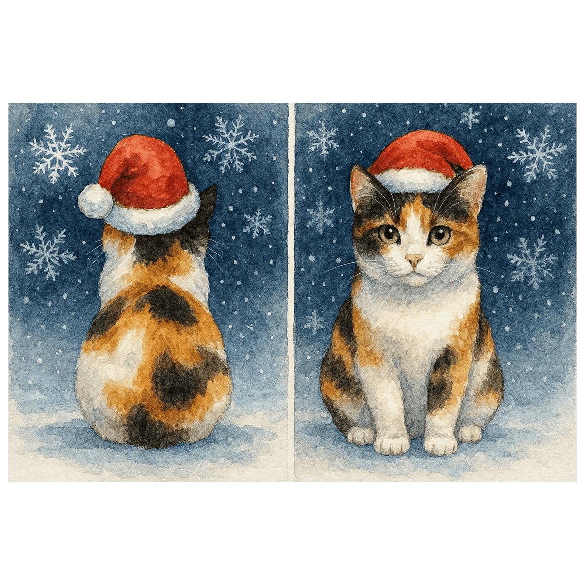 Double sided Calico Cat Christmas Card showing front and rear views of a black, ginger and white calico cat wearing a red Santa hat in the snow
