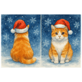Double sided Ginger Cat Christmas Card showing front and rear views of a ginger and white cat wearing a red Santa hat in a snowy Christmas scene