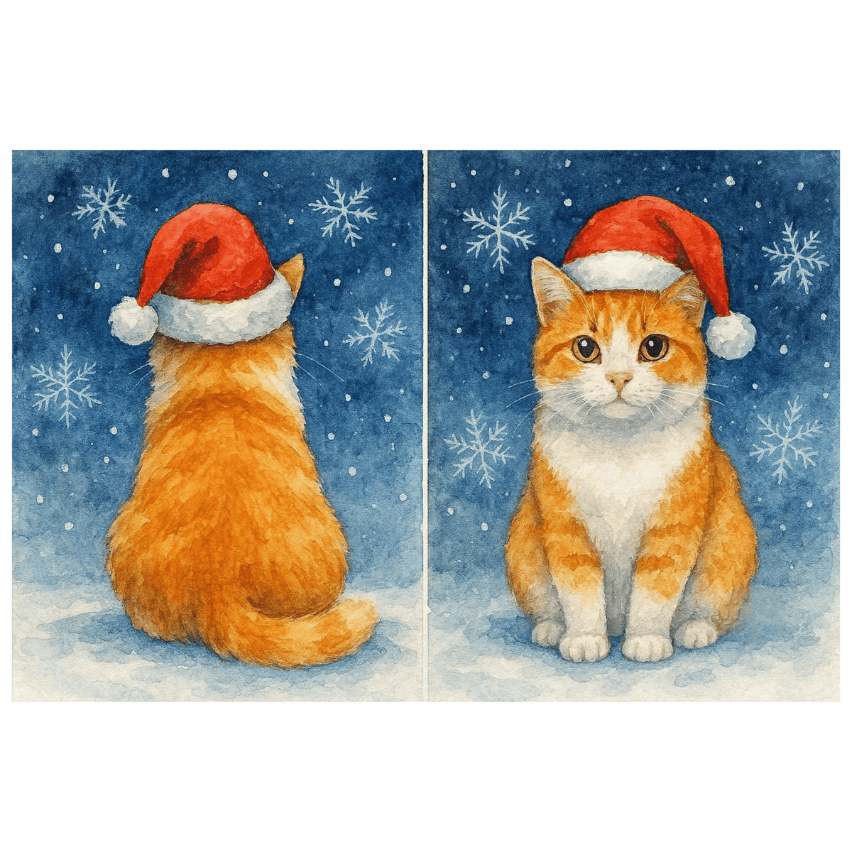 Double sided Ginger Cat Christmas Card showing front and rear views of a ginger and white cat wearing a red Santa hat in a snowy Christmas scene