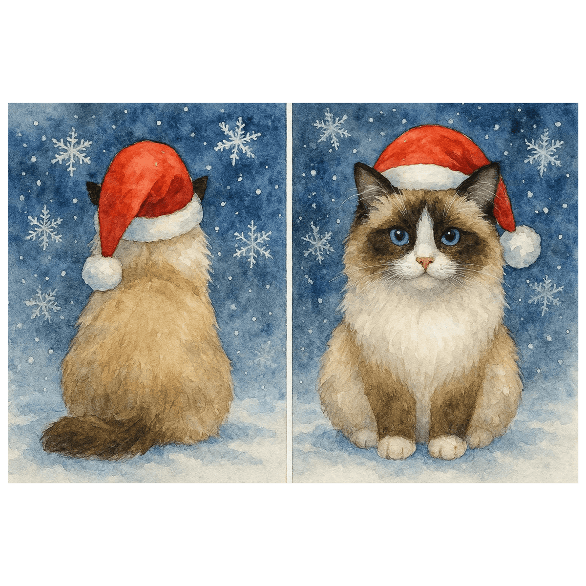 Double sided Ragdoll Cat Christmas Card showing front and rear views of a fluffy blue eyed Ragdoll wearing a red Santa hat in the snow