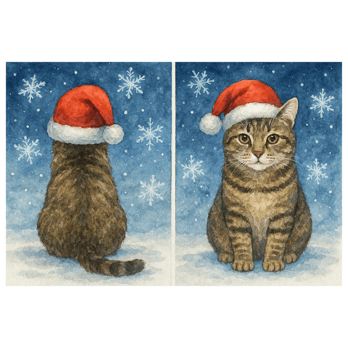 Double sided Tortoiseshell Cat Christmas Card showing front and rear views of a tortie cat wearing a red Santa hat in the snow