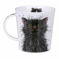 Dunoon Catter Splatter Fine Bone China cat mug showing a fluffy black cat with golden eyes in expressive watercolour-style artwork