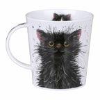 Dunoon Catter Splatter Fine Bone China cat mug showing a fluffy black cat with golden eyes in expressive watercolour-style artwork