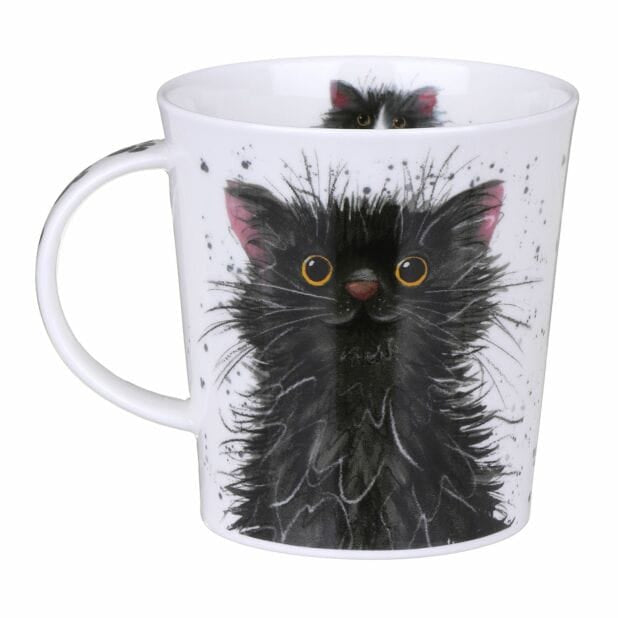 Dunoon Catter Splatter Fine Bone China cat mug showing a fluffy black cat with golden eyes in expressive watercolour-style artwork