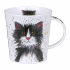 Dunoon Catter Splatter Black & White Fine Bone China cat mug showing a wide-eyed tuxedo cat with playful splattered watercolour artwork