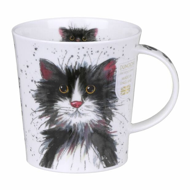 Dunoon Catter Splatter Black & White Fine Bone China cat mug showing a wide-eyed tuxedo cat with playful splattered watercolour artwork