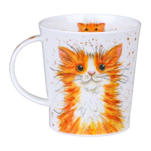 Dunoon Catter Splatter Ginger Lomond Fine Bone China cat mug featuring a fluffy ginger and white cat with green eyes and watercolour splashes