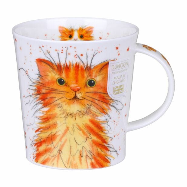 Dunoon Catter Splatter Ginger Fine Bone China mug showing a fluffy orange ginger cat with coordinating peeping cat detail inside the rim