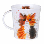 Dunoon Catter Splatter Tortie & Tabby Fine Bone China mug featuring a colourful wide-eyed tortoiseshell cat with playful watercolour splashes