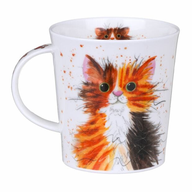 Dunoon Catter Splatter Tortie & Tabby Fine Bone China mug featuring a colourful wide-eyed tortoiseshell cat with playful watercolour splashes
