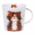 Dunoon Catter Splatter Tortie & Tabby Lomond Fine Bone China mug featuring a fluffy tabby cat with coordinating rim artwork