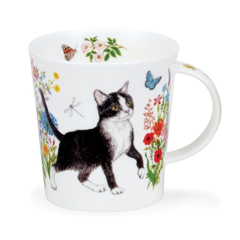 Dunoon Floral Cats Black & White Lomond Fine Bone China mug by Charlotte Galloux featuring a tuxedo cat amongst colourful wildflowers and butterflies