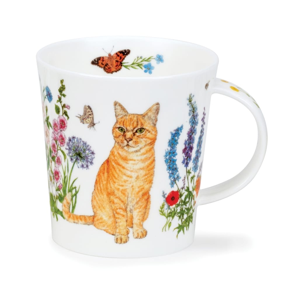 Dunoon Floral Cats Ginger Lomond Fine Bone China mug by Charlotte Galloux featuring a ginger tabby cat surrounded by colourful wildflowers and butterflies