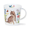 Dunoon Floral Cats Tabby Lomond Fine Bone China mug by Charlotte Galloux featuring a tabby cat surrounded by colourful wildflowers and butterflies