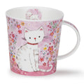 Dunoon Pretty in Pink Tilly Lomond Fine Bone China cat mug featuring a white cat surrounded by colourful pink garden flowers with Tilly inside the rim
