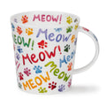 Dunoon Meow Cairngorm large 480ml Fine Bone China cat mug featuring colourful Meow lettering and rainbow paw prints inside, outside and on the handle