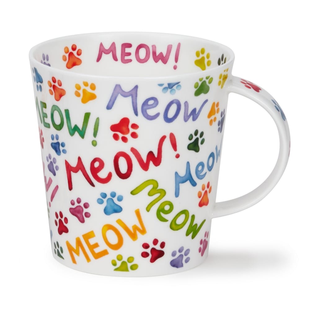 Dunoon Meow Cairngorm large 480ml Fine Bone China cat mug featuring colourful Meow lettering and rainbow paw prints inside, outside and on the handle