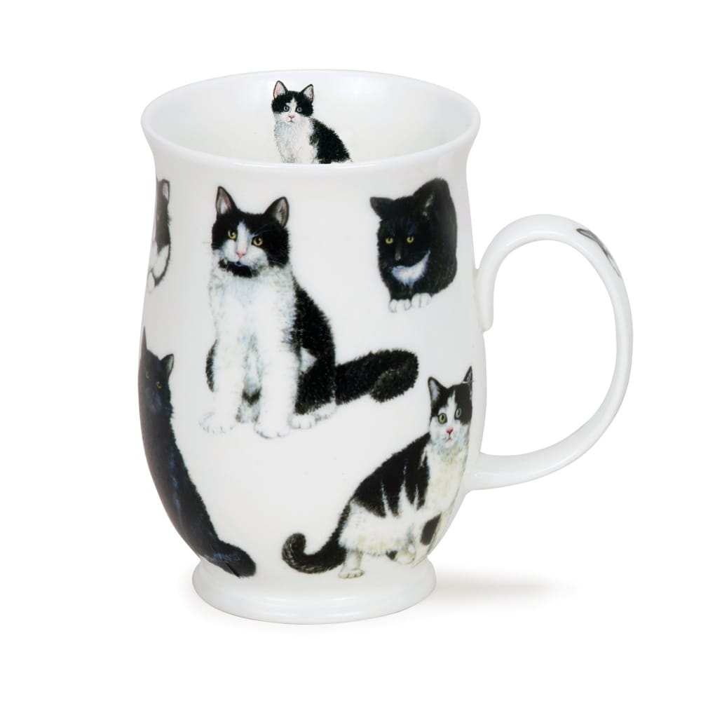 Dunoon Cats Black & White Suffolk Fine Bone China mug by Jane Fern featuring detailed black and tuxedo cat illustrations on a white 310ml mug