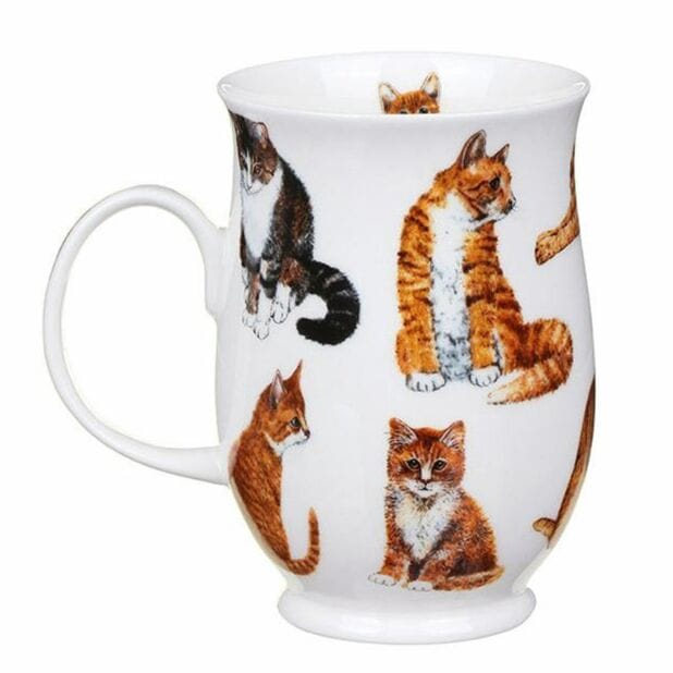 Dunoon Cats Ginger Tabby Suffolk Fine Bone China mug featuring detailed ginger, tabby and ginger-and-white cats around the elegant white 310ml mug