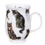Dunoon Cats Tabby Suffolk Fine Bone China mug featuring detailed striped and fluffy tabby cat illustrations around an elegant white 310ml mug