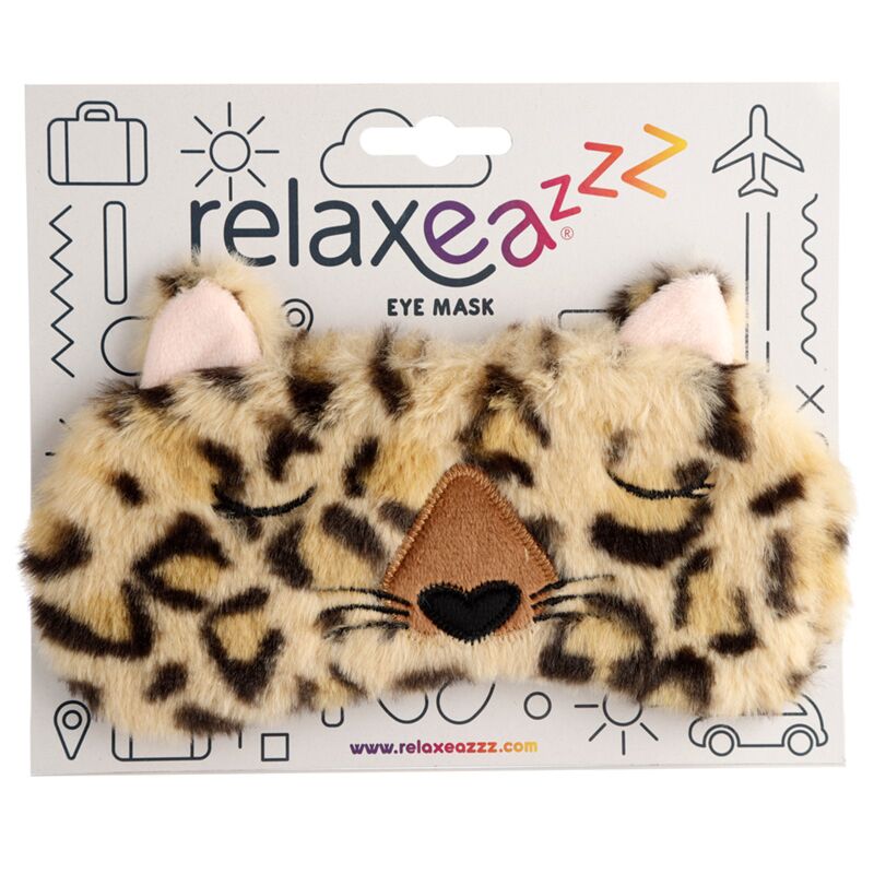 Leopard print eye mask with 'relaxeazzz' branding on packaging