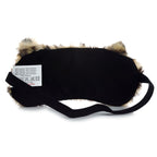 Black backing of leopard sleep mask with fluffy faux fur on a white background