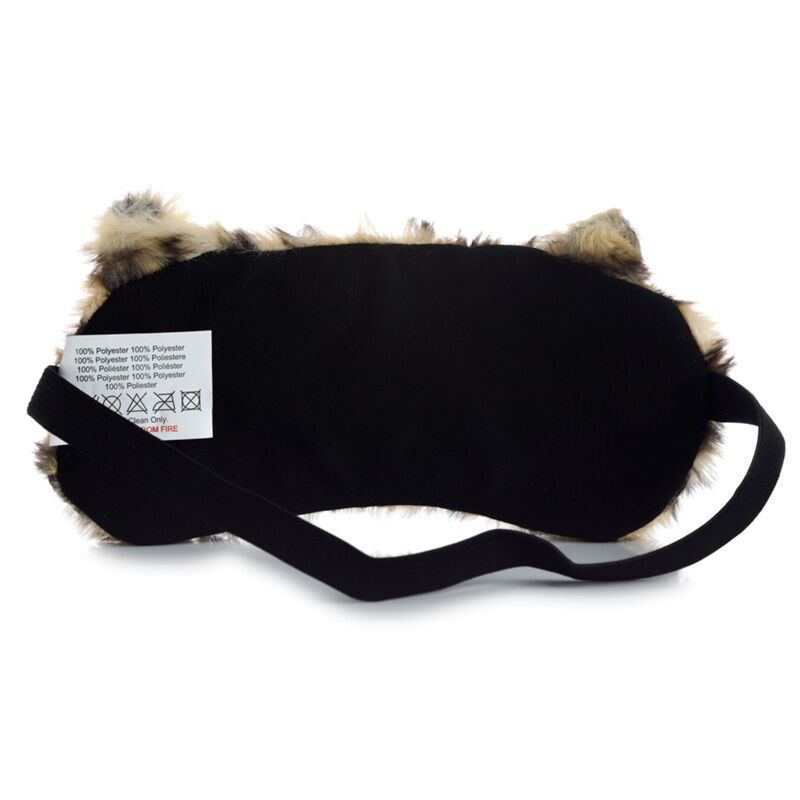 Black backing of leopard sleep mask with fluffy faux fur on a white background