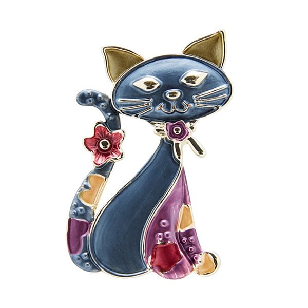 Equilibrium Elegant Cat blue gold-plated magnetic brooch with purple patchwork markings and pretty flower details