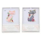 Boxed Equilibrium Elegant Cats magnetic brooches in pink silver plate and blue gold plate, presented as cat lover gifts