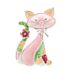 Equilibrium Elegant Cat pink silver-plated magnetic brooch with green tail, colourful markings and floral details
