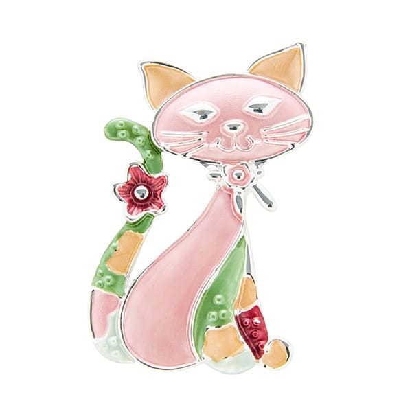 Equilibrium Elegant Cat pink silver-plated magnetic brooch with green tail, colourful markings and floral details