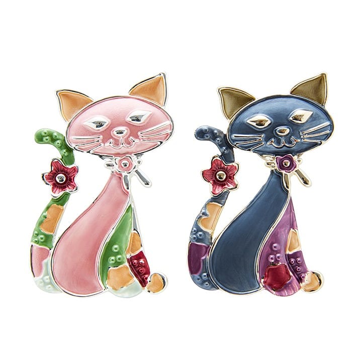 Equilibrium Elegant Cats magnetic brooches in pink and blue with colourful patchwork and floral detailing